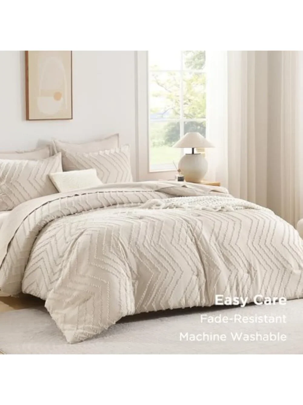 Boho King Size Comforter Set - 3 Piece Soft Cream Bedding, Cozy Beige Decor